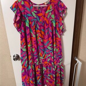 Pink Leaf Print Ruffle Sleeve Sundress